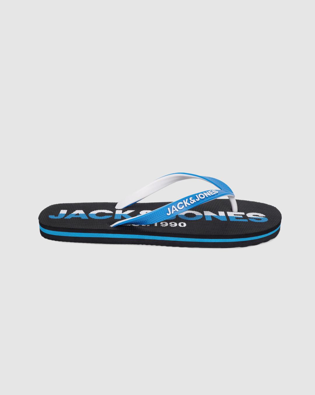 black & blue logo print flip flops