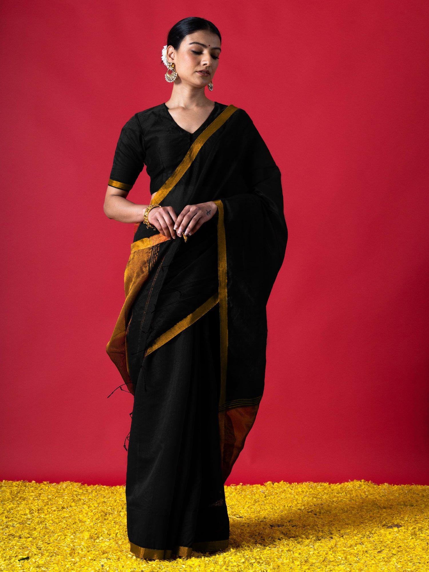 black & bronze cotton silk saree with unstitched blouse fabric
