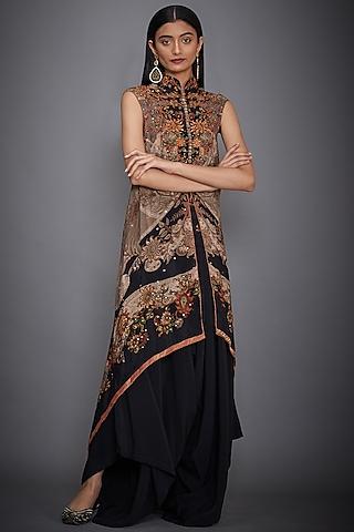 black & brown embroidered printed cape set
