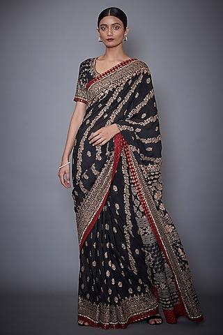 black & burgundy embroidered saree set