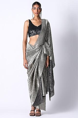 black & charcoal silk pre-draped saree set