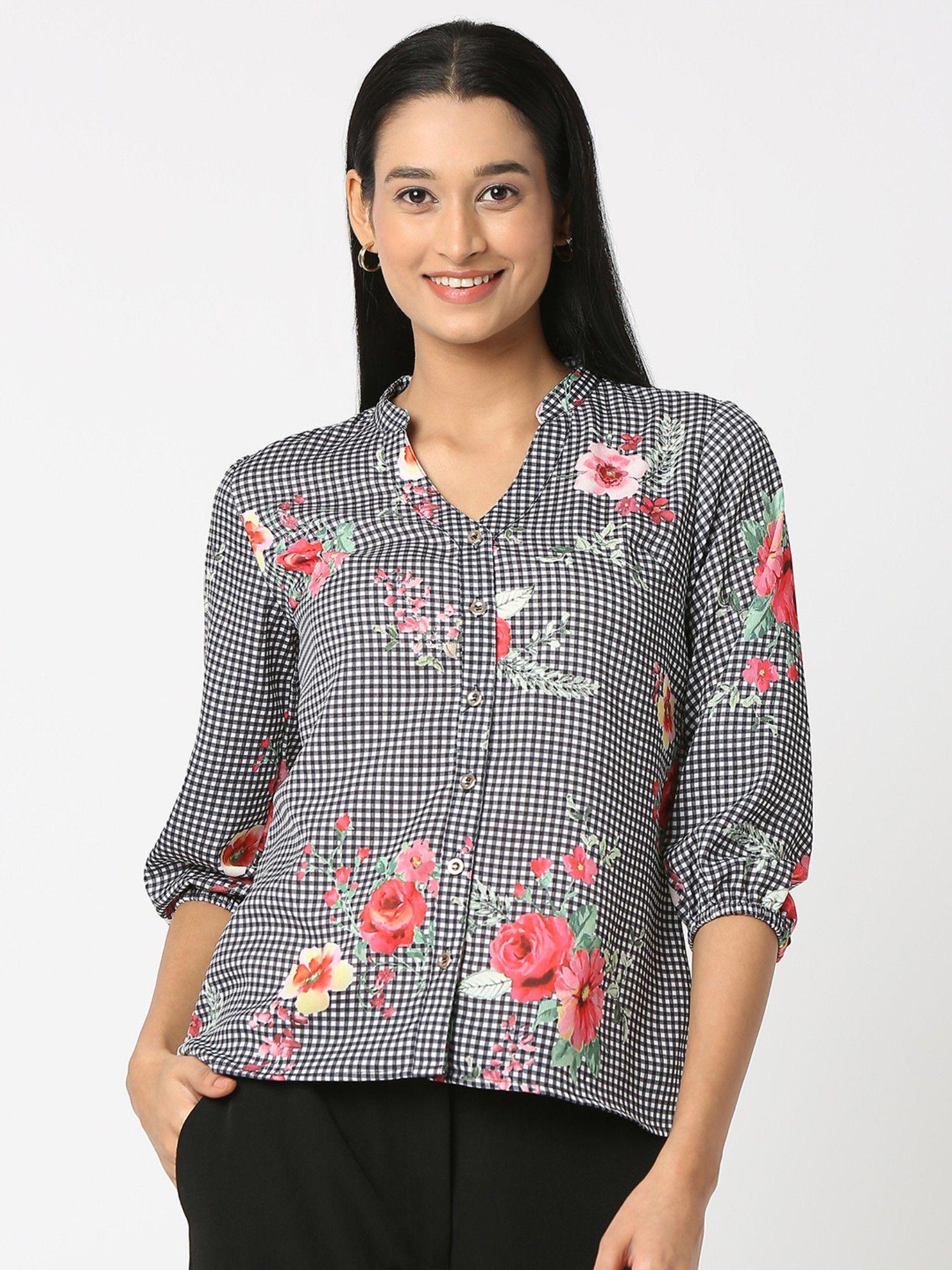 black & check print mandarin-neck shirt