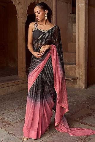 black & dusty pink ombre silk & lurex georgette pre-draped saree set