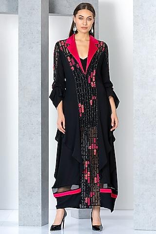 black & fuchsia pink chiffon embroidered kaftan dress with inner