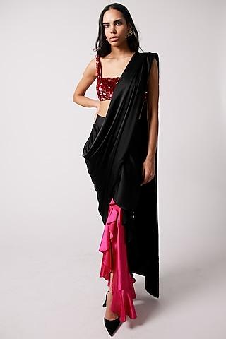 black & fuchsia silk satin draped saree set