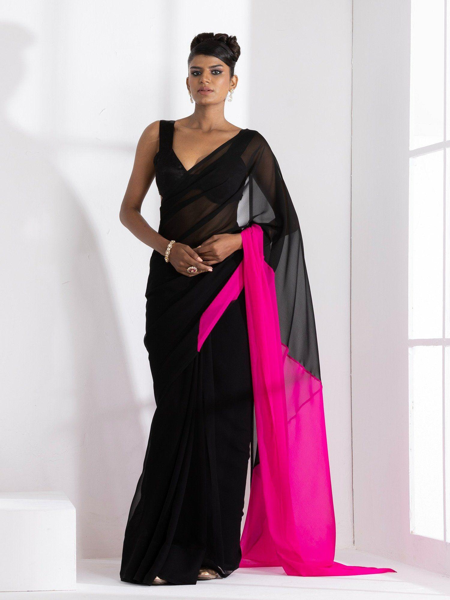 black & fuchsia triangle georgette saree with unstitched blouse