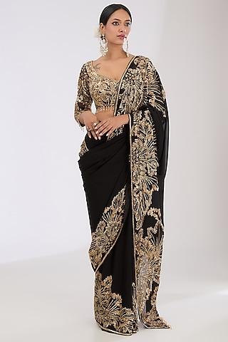 black & gold georgette hand embroidered saree set