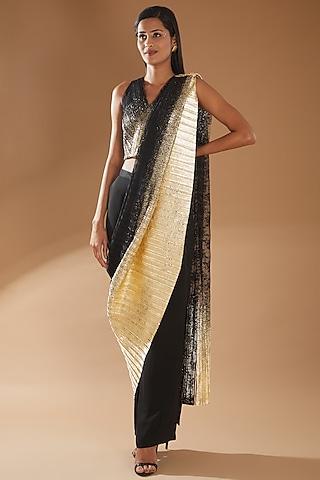 black & gold georgette pant saree set