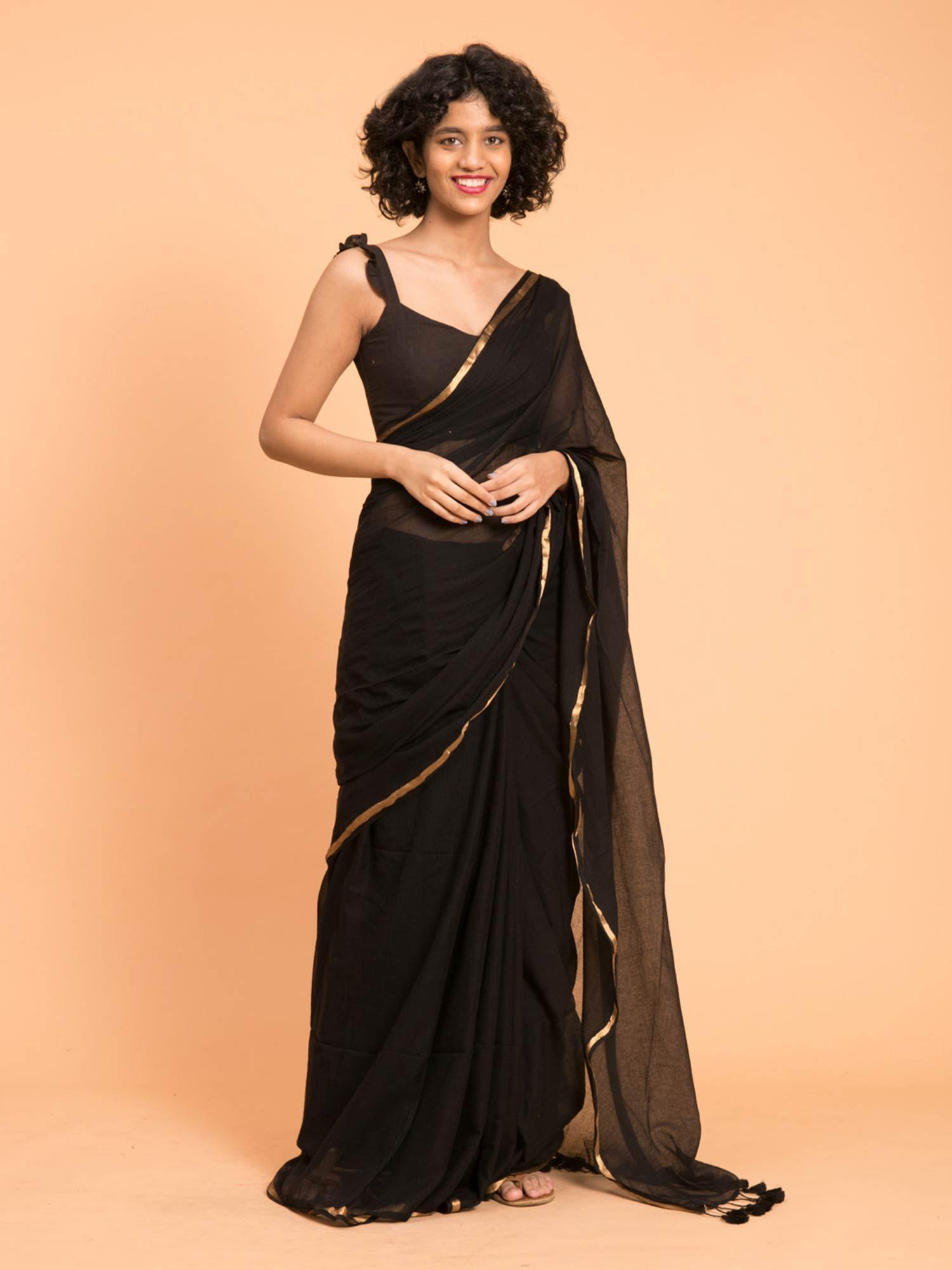 black & gold handloom cotton saree without blouse