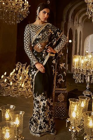 black & gold net zari embroidered draped saree set