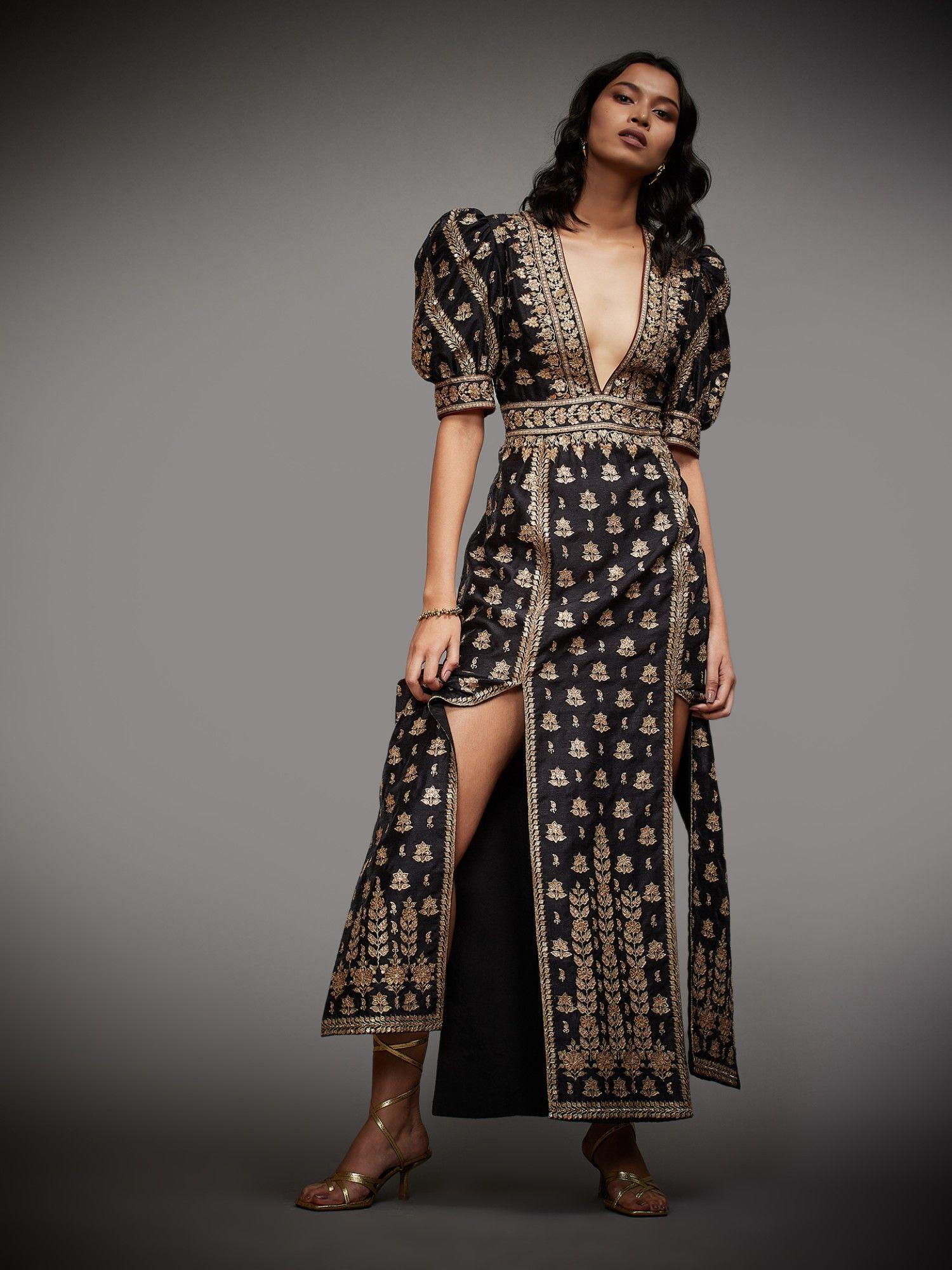 black & gold satnam embroidered dress