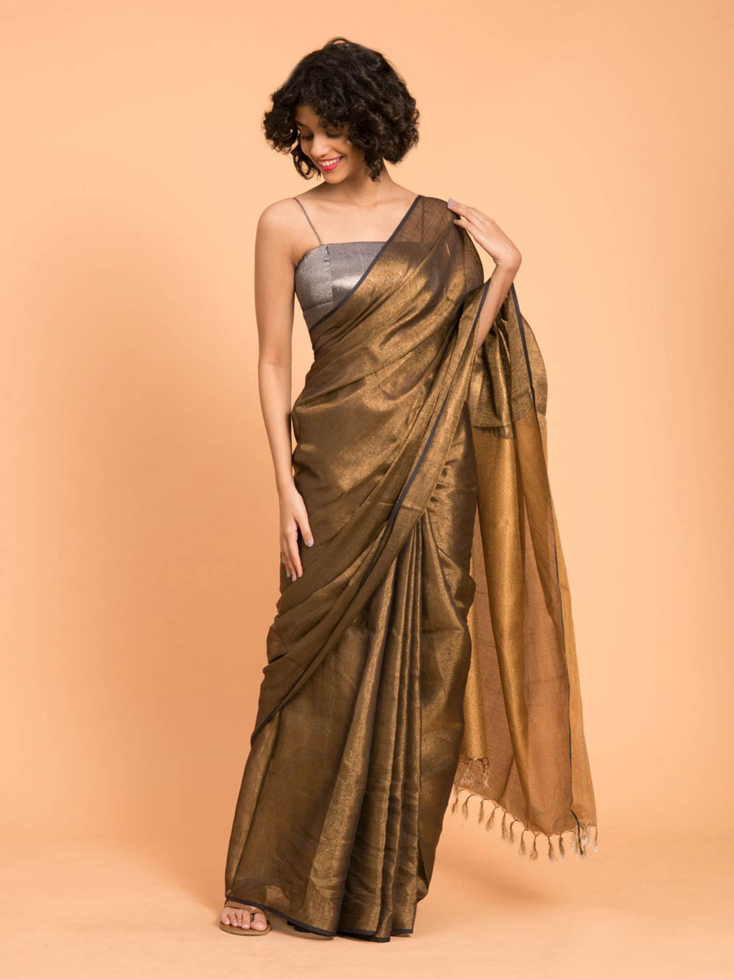 black & gold-toned solid linen zari saree without blouse