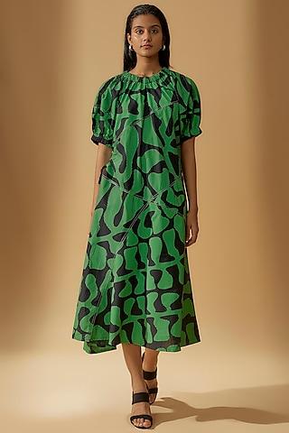 black & green cotton printed a-line dress