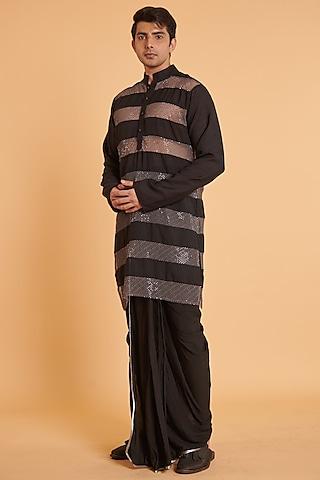black & grey blended linen striped kurta set