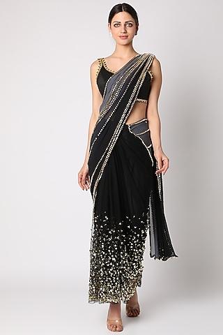 black & grey embellished pre-stitched saree set