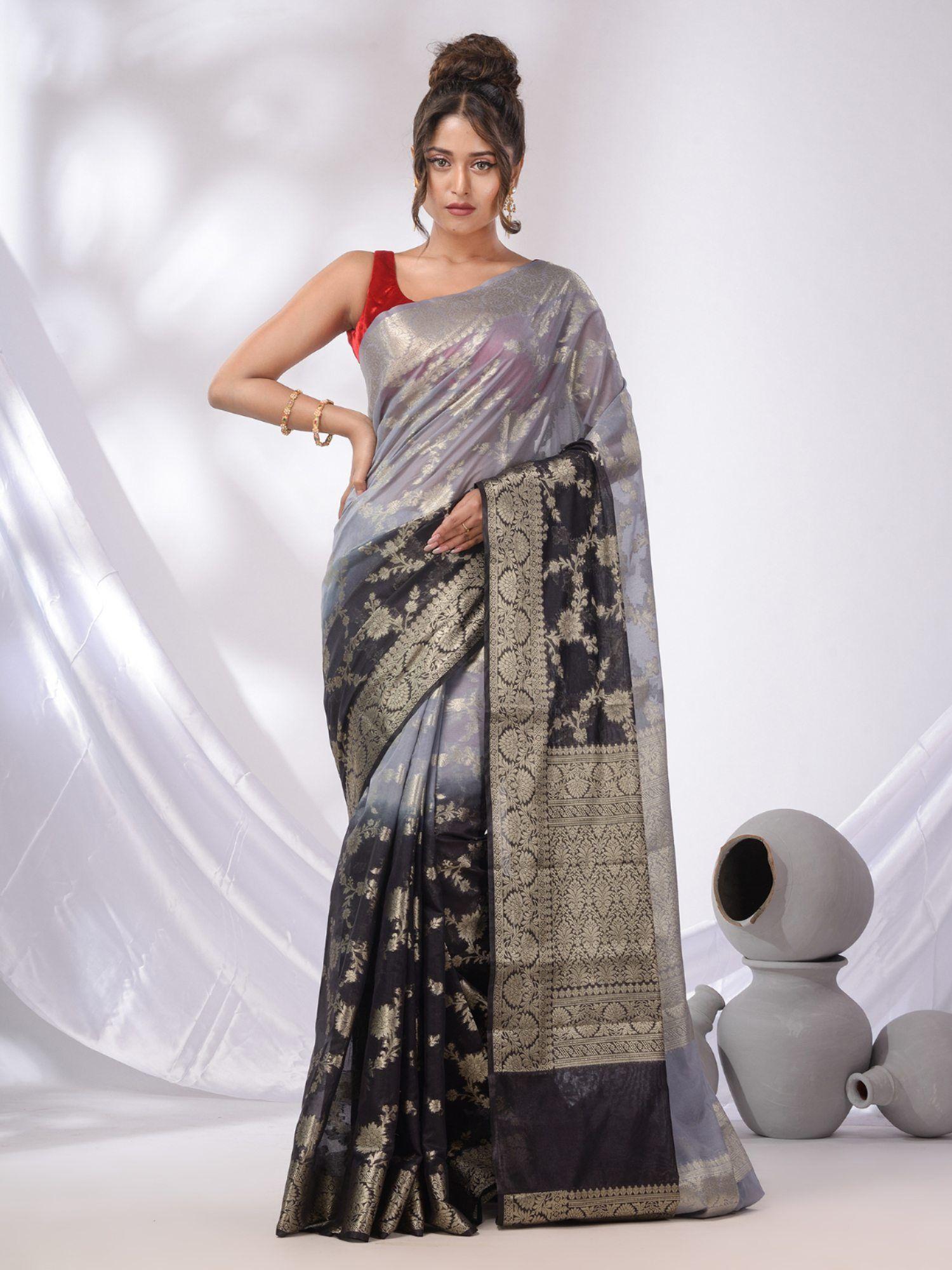 black & grey georgette handwoven saree with floral nakshi designs & unstitched blouse