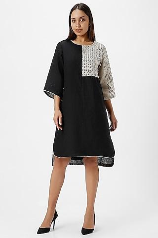 black & grey linen hand screen printed asymmetrical dress