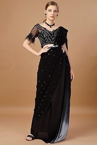 black & grey modal satin pre-draped saree set