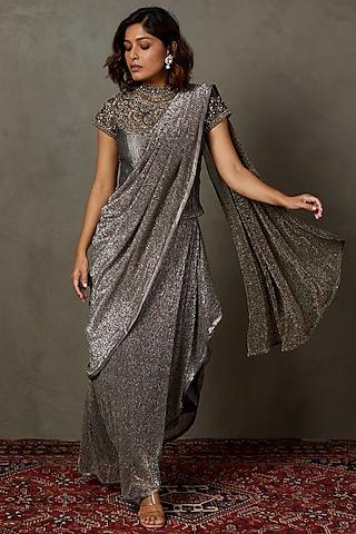 black & grey polyester lurex zardosi embroidered skirt saree set