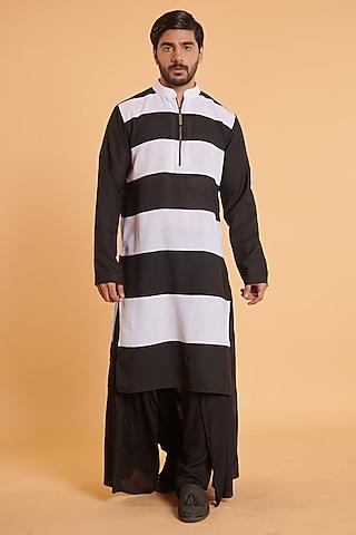 black & ivory blended linen striped kurta set