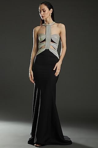 black & ivory chiffon halter dress