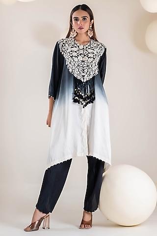 black & ivory dupion thread embroidered ombre cape set