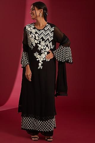 black & ivory georgette embroidered kurta set