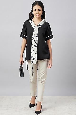 black & ivory linen floral printed top with belt