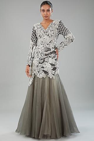 black & ivory silk organza hand embroidered & floral printed dress