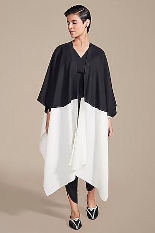 black & ivory woolen rib texture embroidered cape set