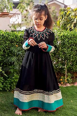 black & lime georgette hand embroidered dress for girls
