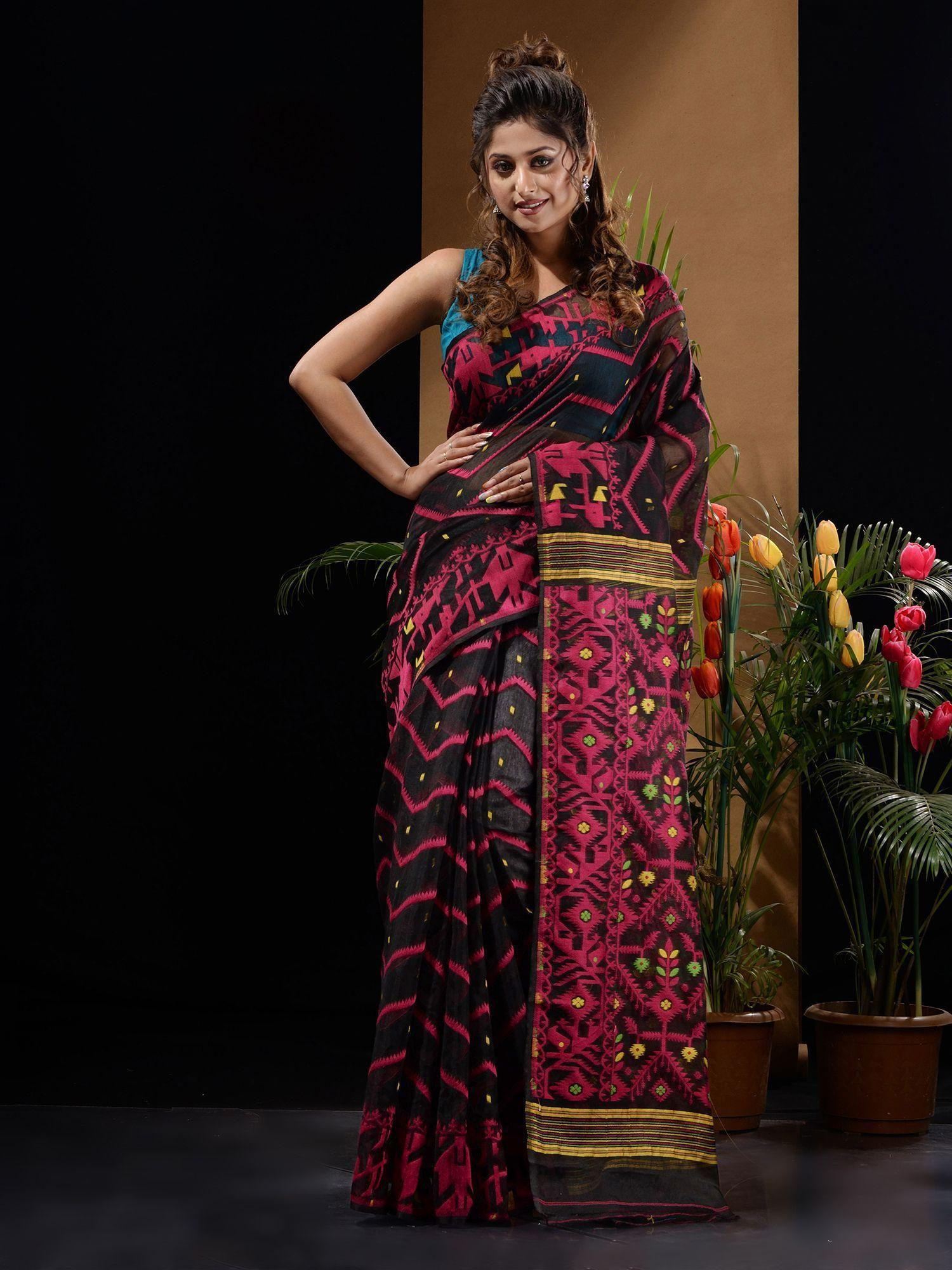 black & magenta handwoven saree with chevron & ethnic designs