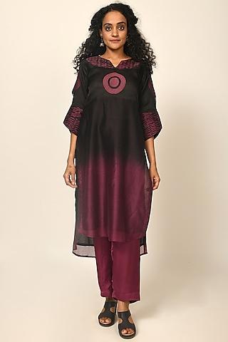 black & maroon ombre pure silk woven kurta set