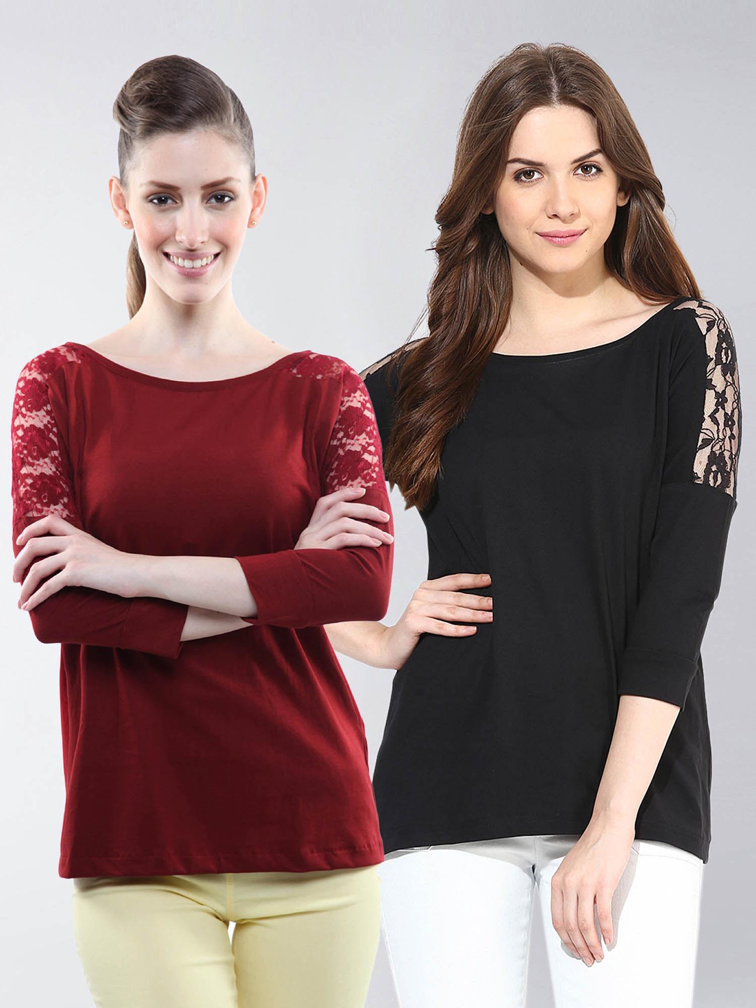 black & maroon round neck 3/4 sleeves regular length t-shirts | pack of 2