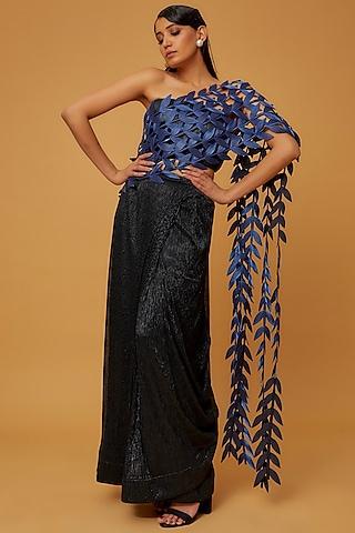 black & metallic blue organza draped saree set