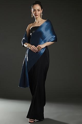 black & metallic blue textured saree set