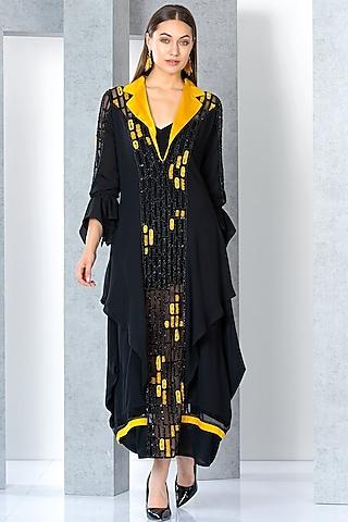 black & mustard chiffon embroidered kaftan dress with inner