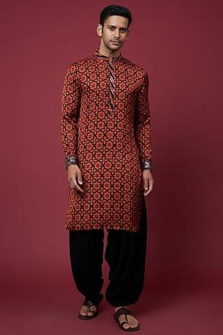 black & orange glaze cotton silk printed kurta set