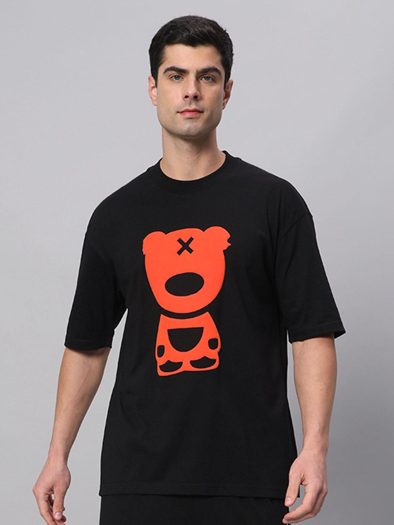 black & orange puff teddy drop shoulder oversized t-shirt