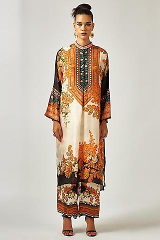 black & orange silk printed tunic set