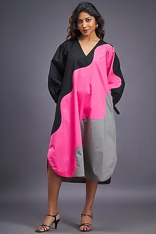 black & pink cotton oversized midi dress