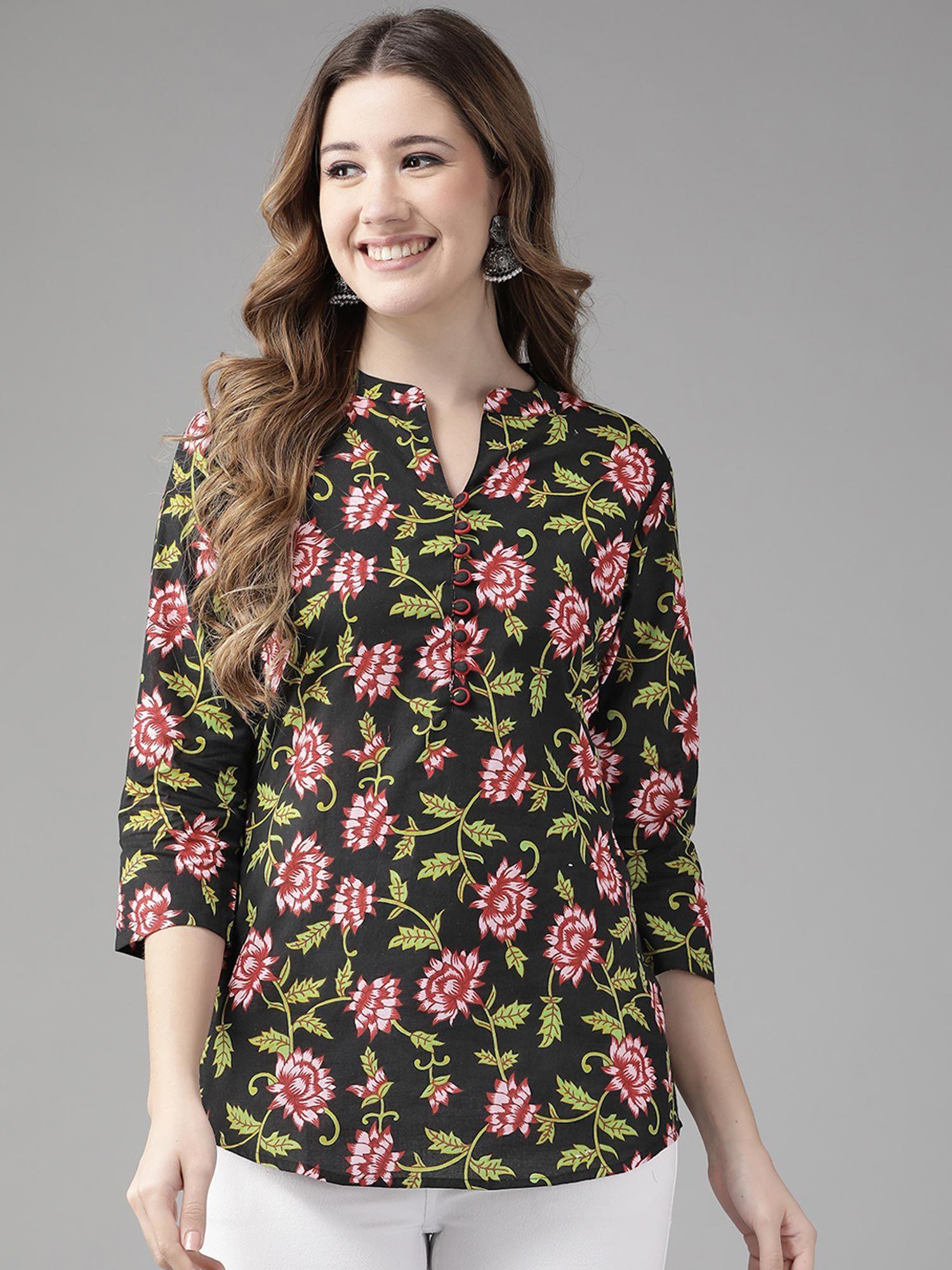 black & pink floral print mandarin collar cotton top