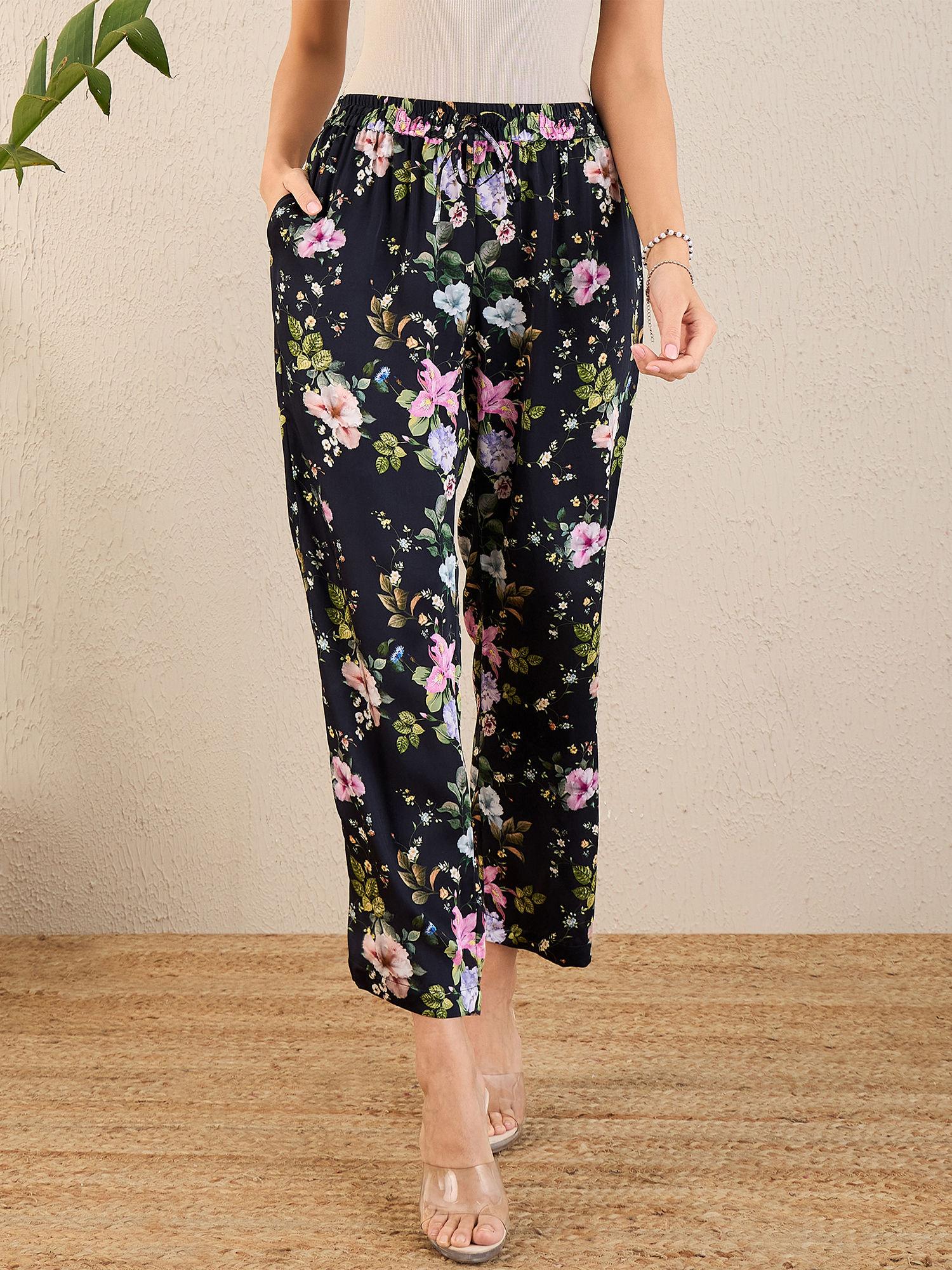 black & pink garden print straight pant