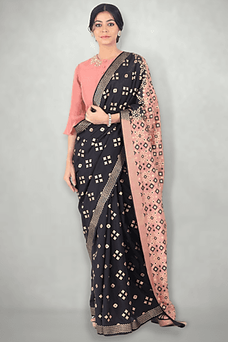 black & pink printed saree set