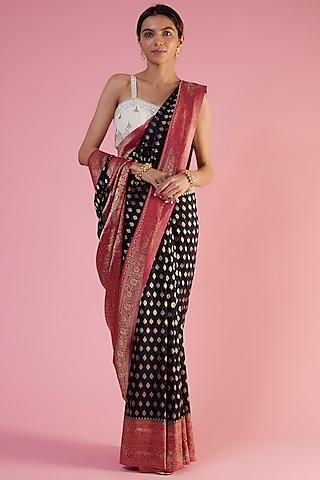 black & pink viscose georgette brocade embroidered saree