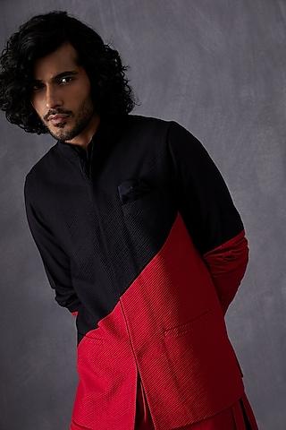 black & red color-blocked silk viscose nehru jacket