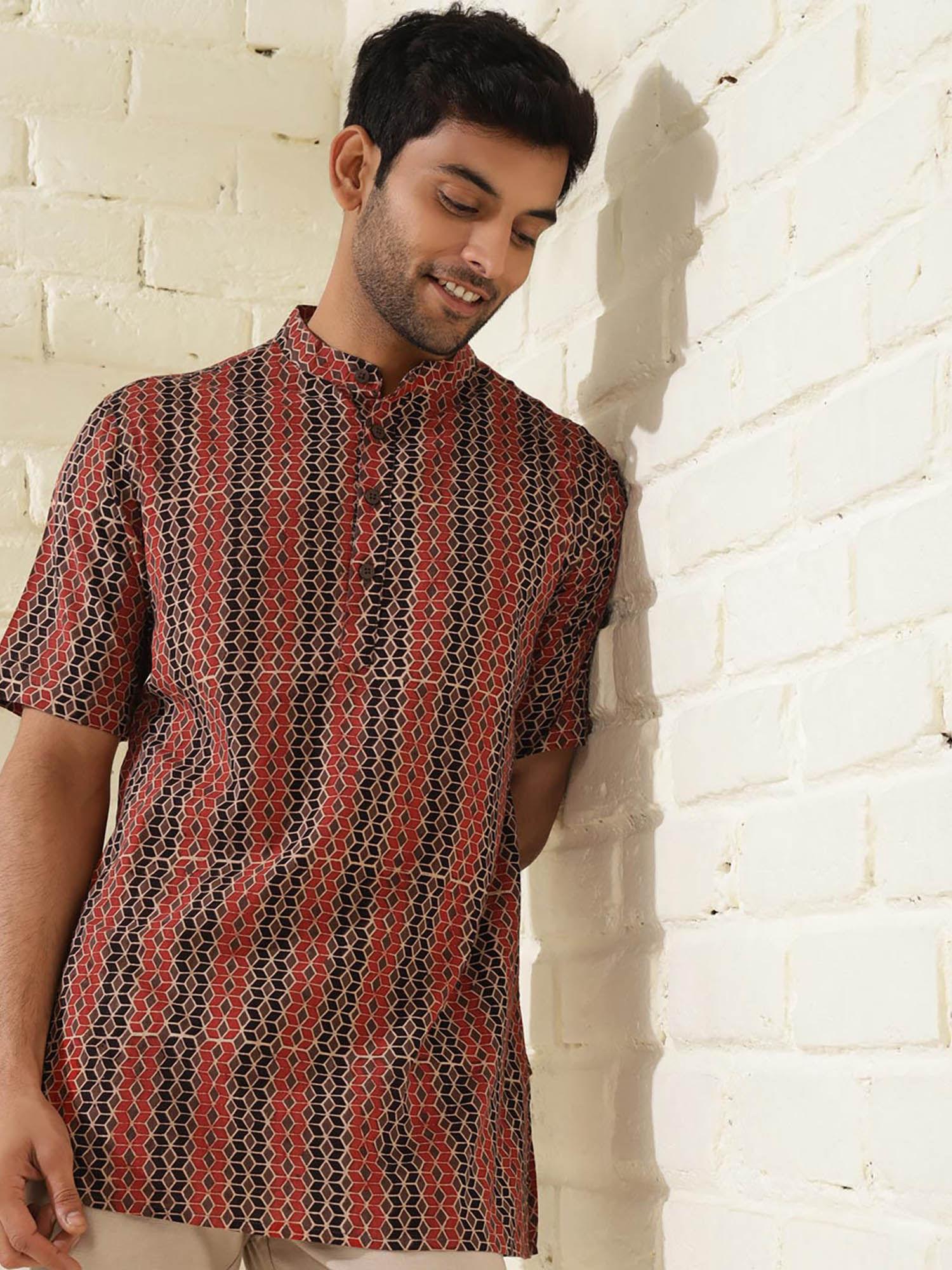 black & red cotton ajrakh print mandarin collar kurta