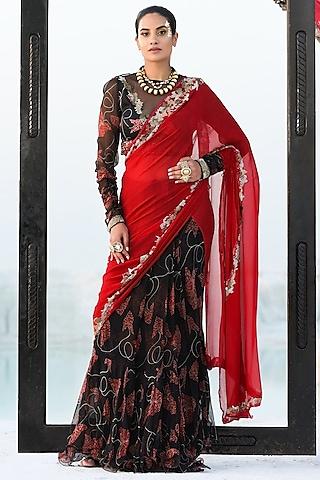 black & red embroidered pre-pleated saree set