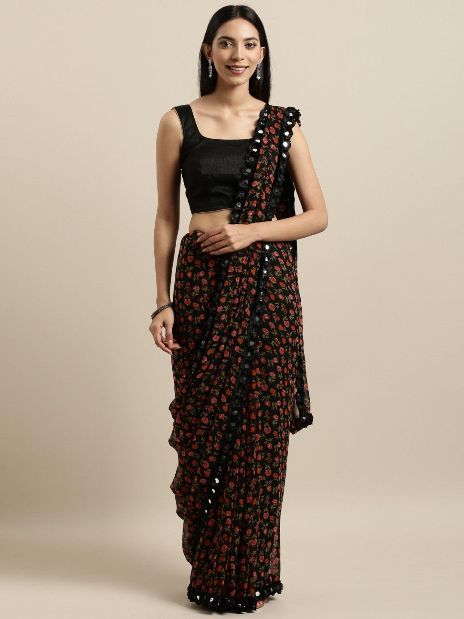 black & red floral crepe print saree with unstitched blouse