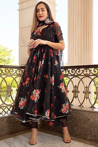 black & red organza printed anarkali set